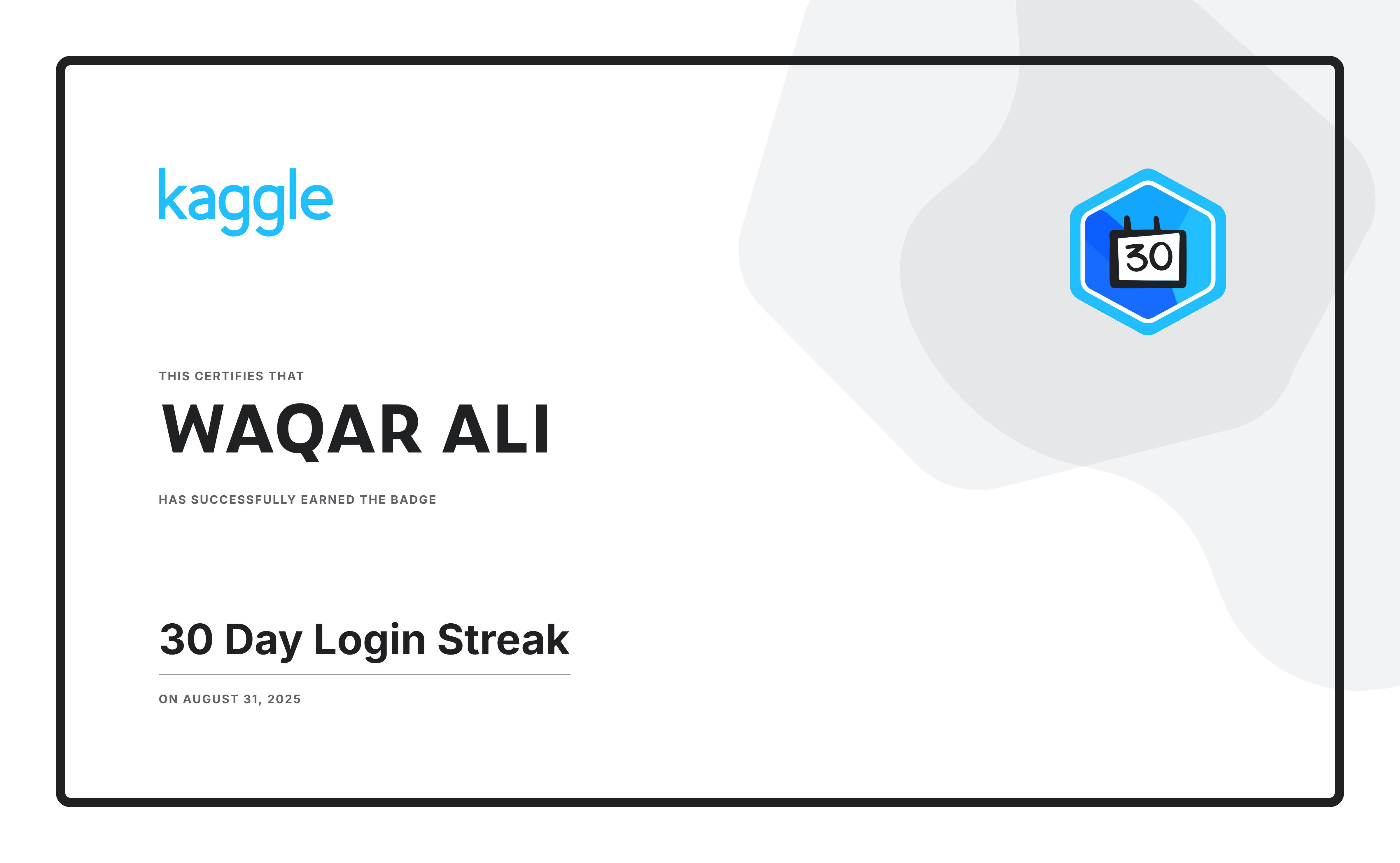 Kaggle 30 Day Login Streak badge